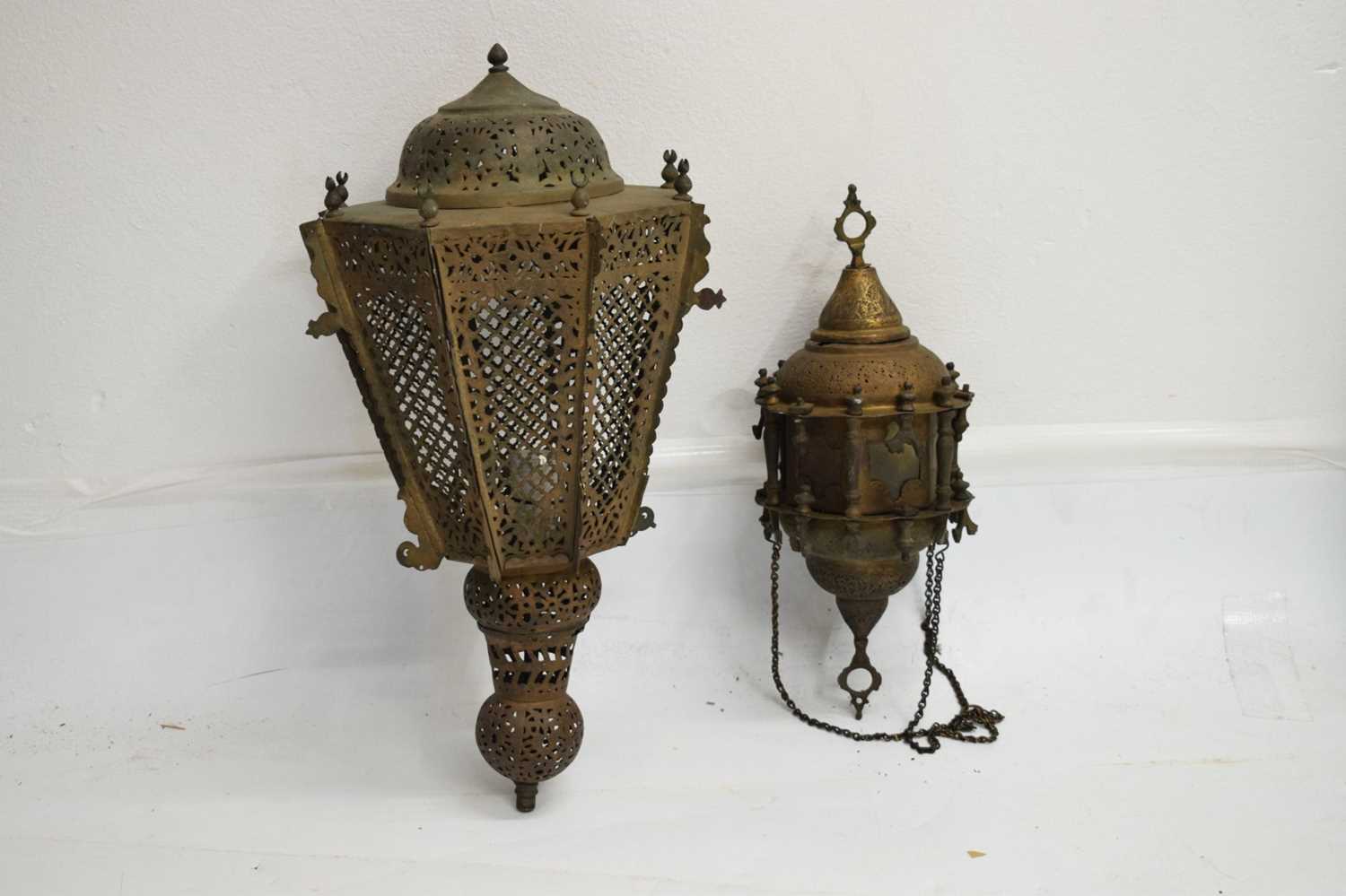Two Islamic brass hanging lanterns - Image 2 of 8