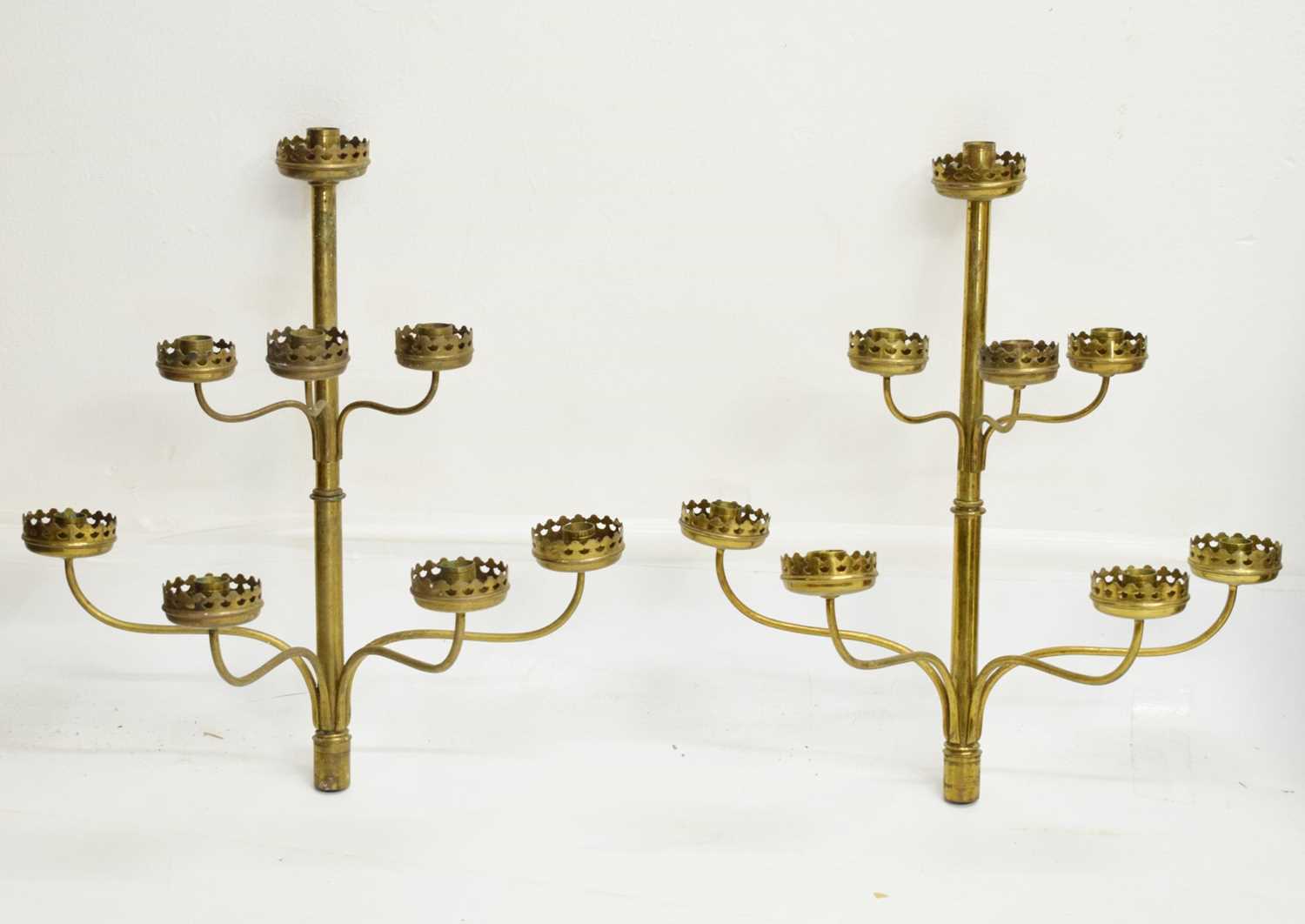 Pair of Victorian Gothic revival brass 8-branch candelabra