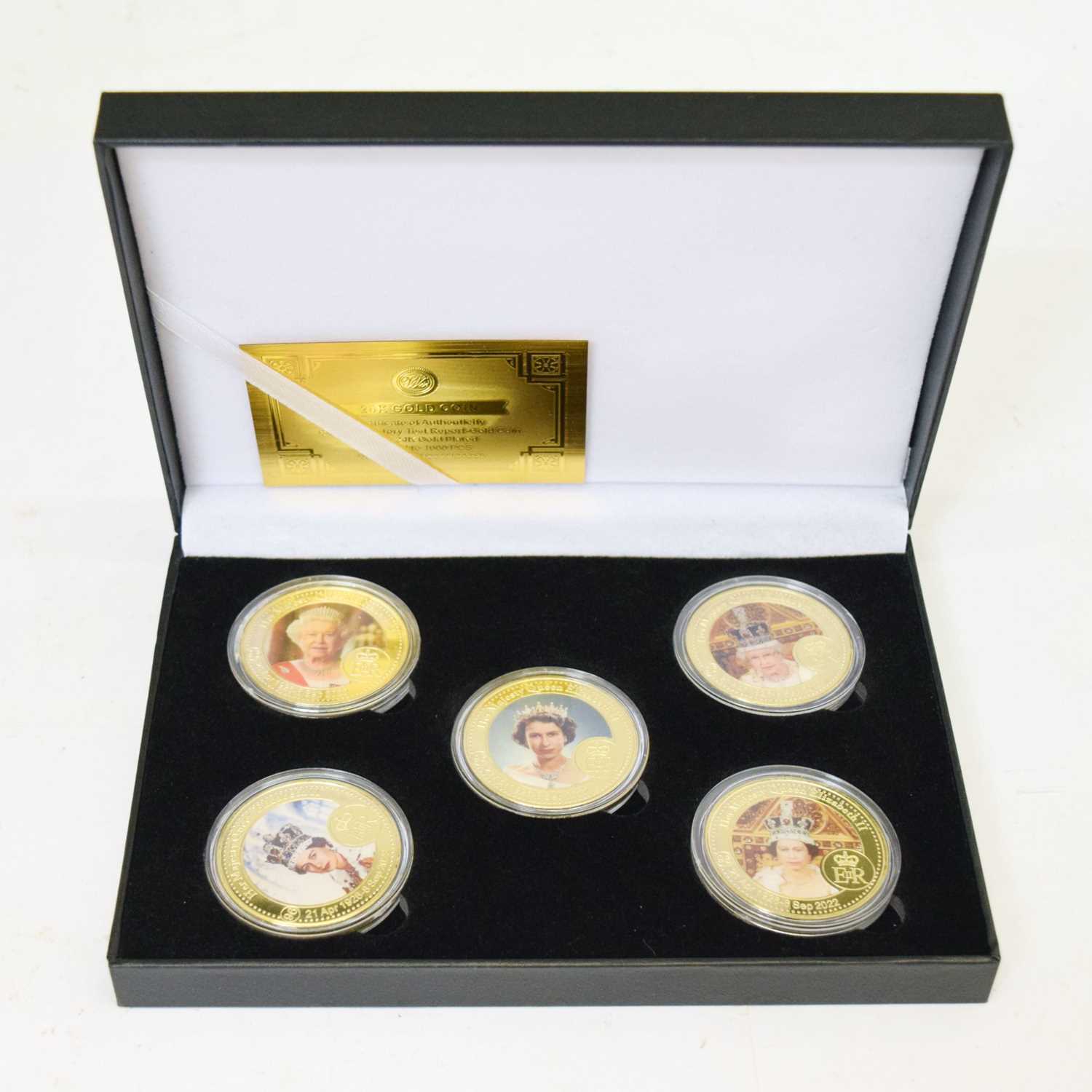 Gold-plated limited edition five-coin set commemorating Queen Elizabeth II