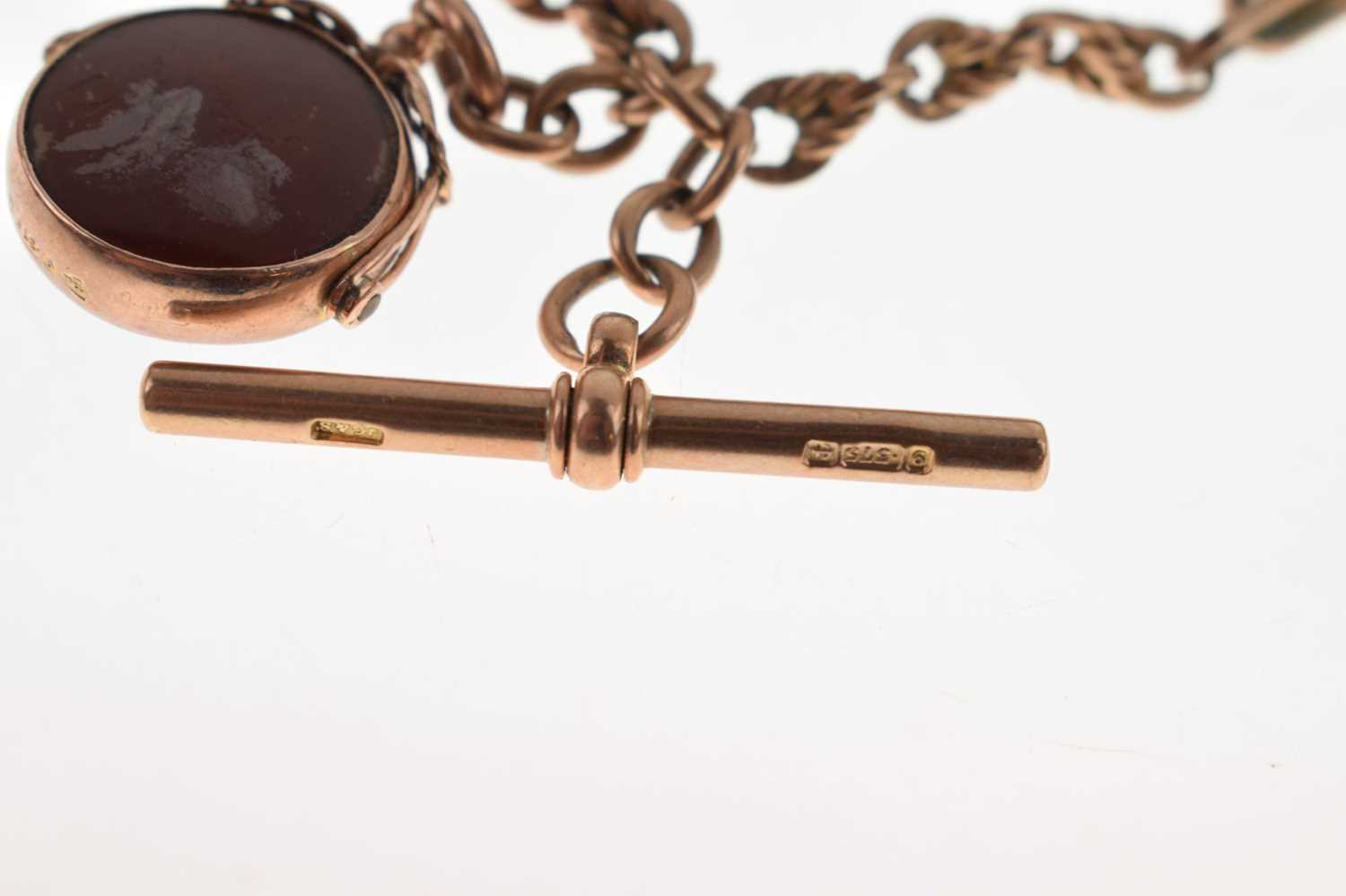 9ct rose gold figaro link Albert with double-sided swivel fob - Image 2 of 7