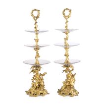 Pair of gilded bronze and crystal stands