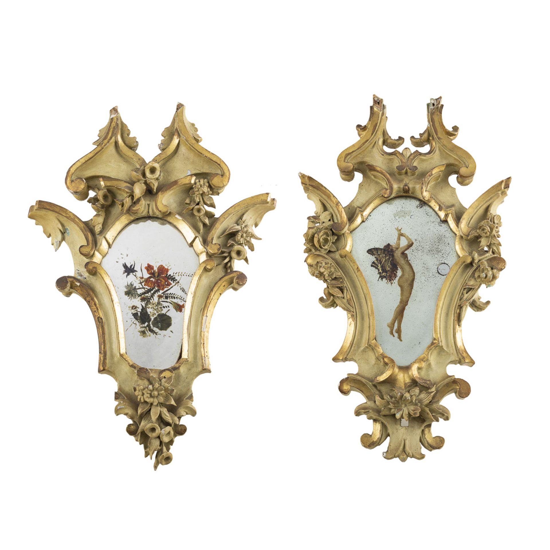 Pair of lacquered and gilded wood mirrors