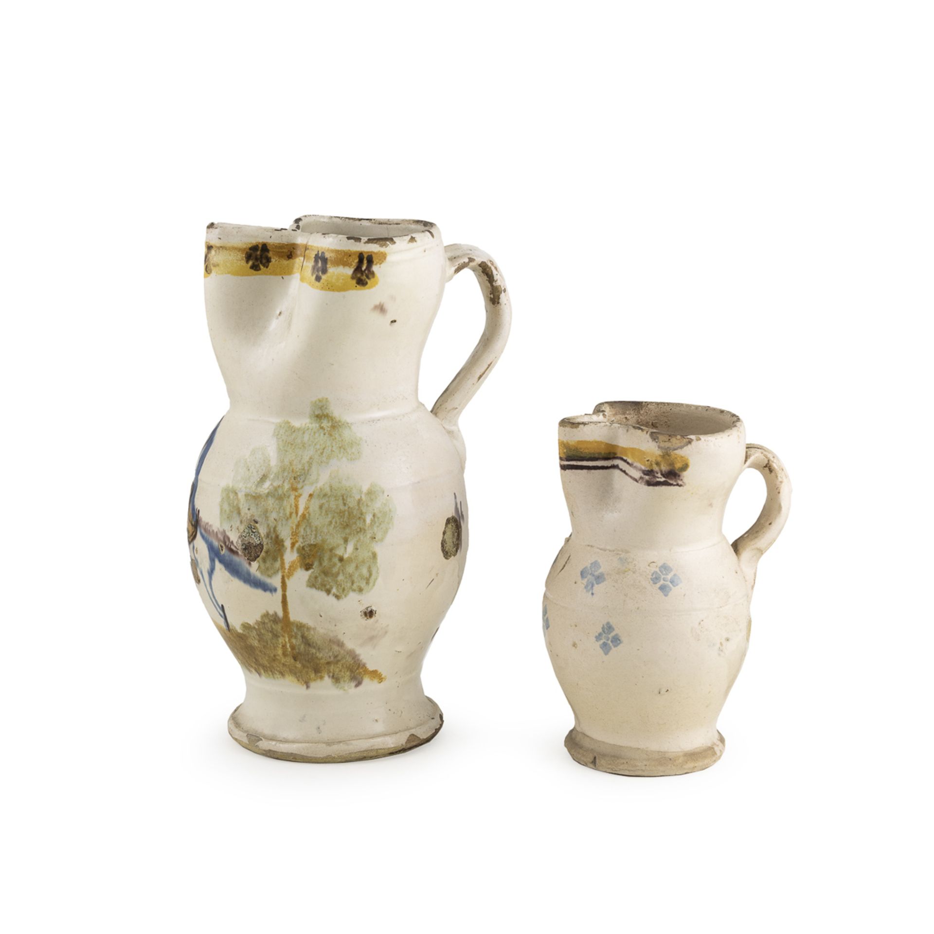 Two polychrome majolica jugs