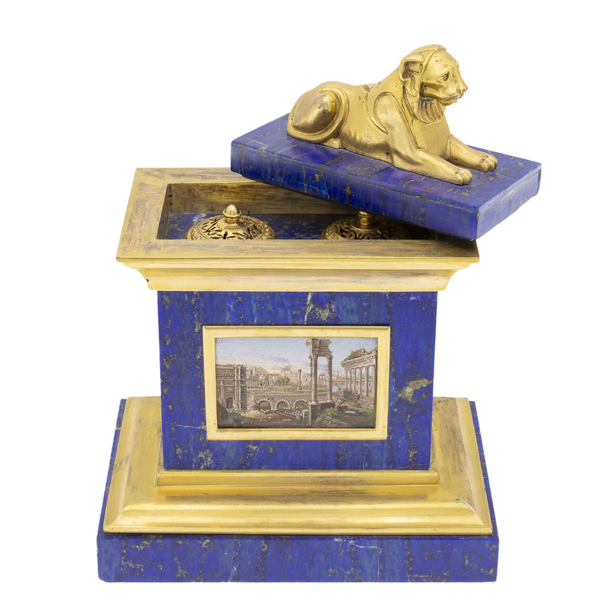 Gilded bronze, lapisal blue and micromosaic inkwell box - Image 3 of 5