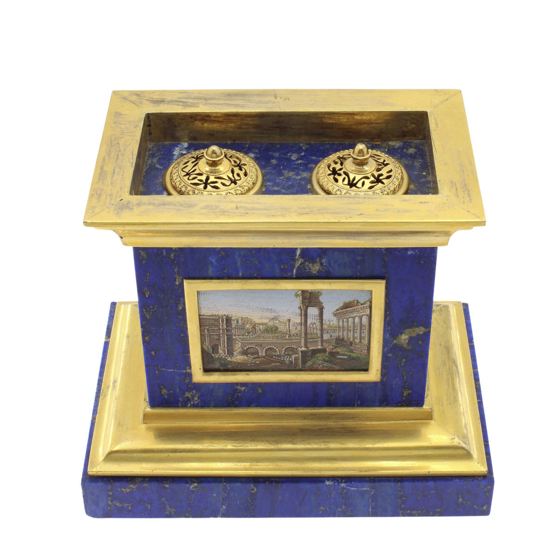 Gilded bronze, lapisal blue and micromosaic inkwell box - Image 4 of 5