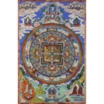 Thangka with central mandala on a light blue background