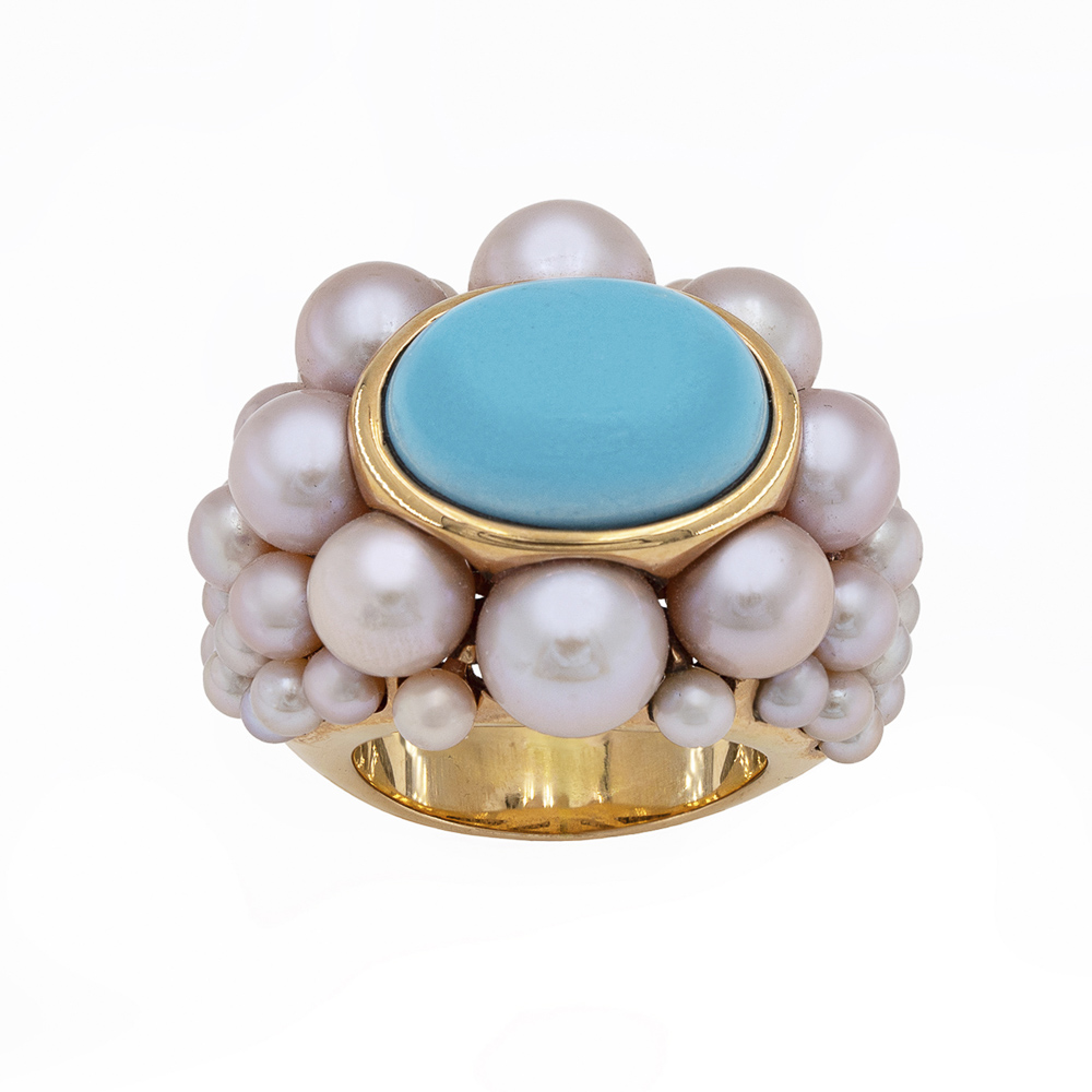 Mimi 18kt yellow gold, turquoise and pink pearls cocktail ring - Image 2 of 3