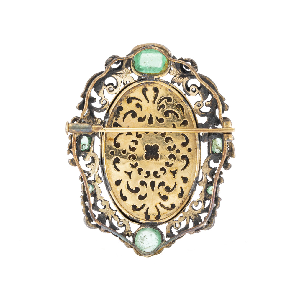 Antique yellow gold, silver and emeralds brooch - Image 2 of 2