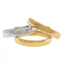 Three 18kt yellow, red and white gold cuff bracelets