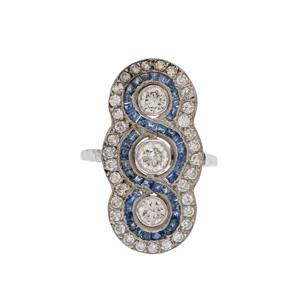 Platinum, diamonds and sapphires decò ring - Image 2 of 2