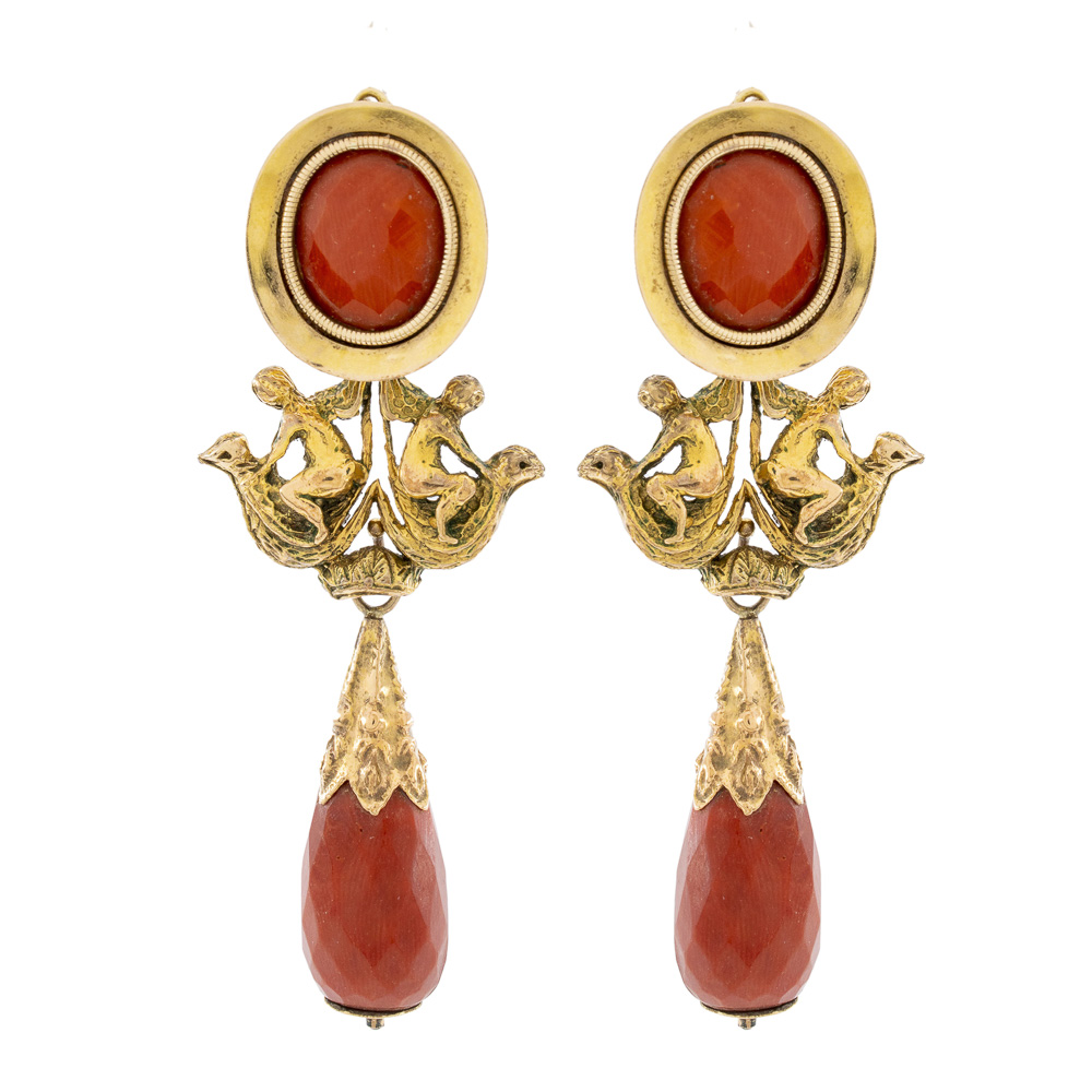 12kt yellow gold and red coral Bourbon earrings