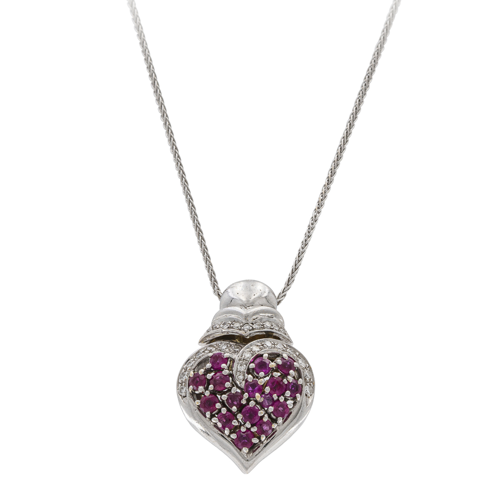 18kt white gold with rubies and diamonds heart pendant