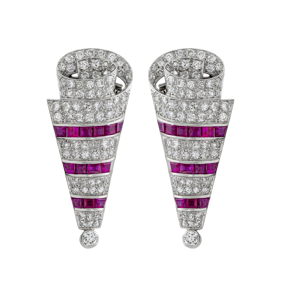 Pair of platinum, diamond and ruby clips