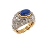 Petochi, yellow gold and silver, natural sapphire and diamonds ring