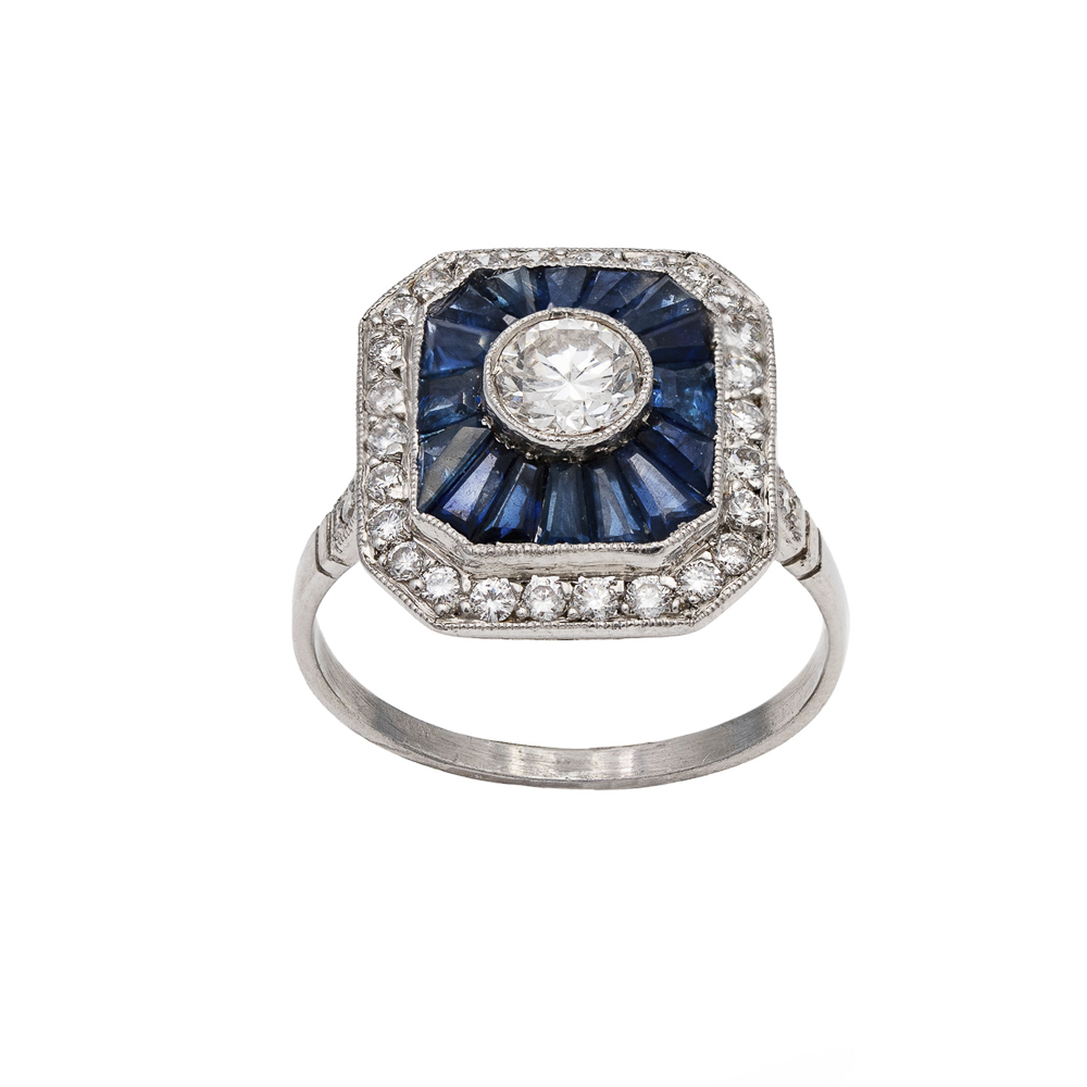 Platinum with diamond and sapphires decò ring - Image 2 of 2
