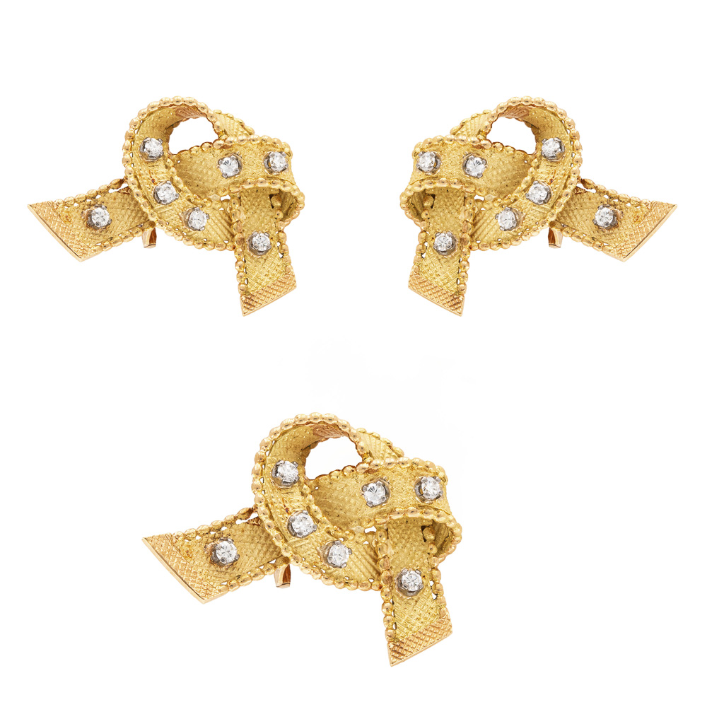 18kt yellow and white gold brooch and earrings with diamonds