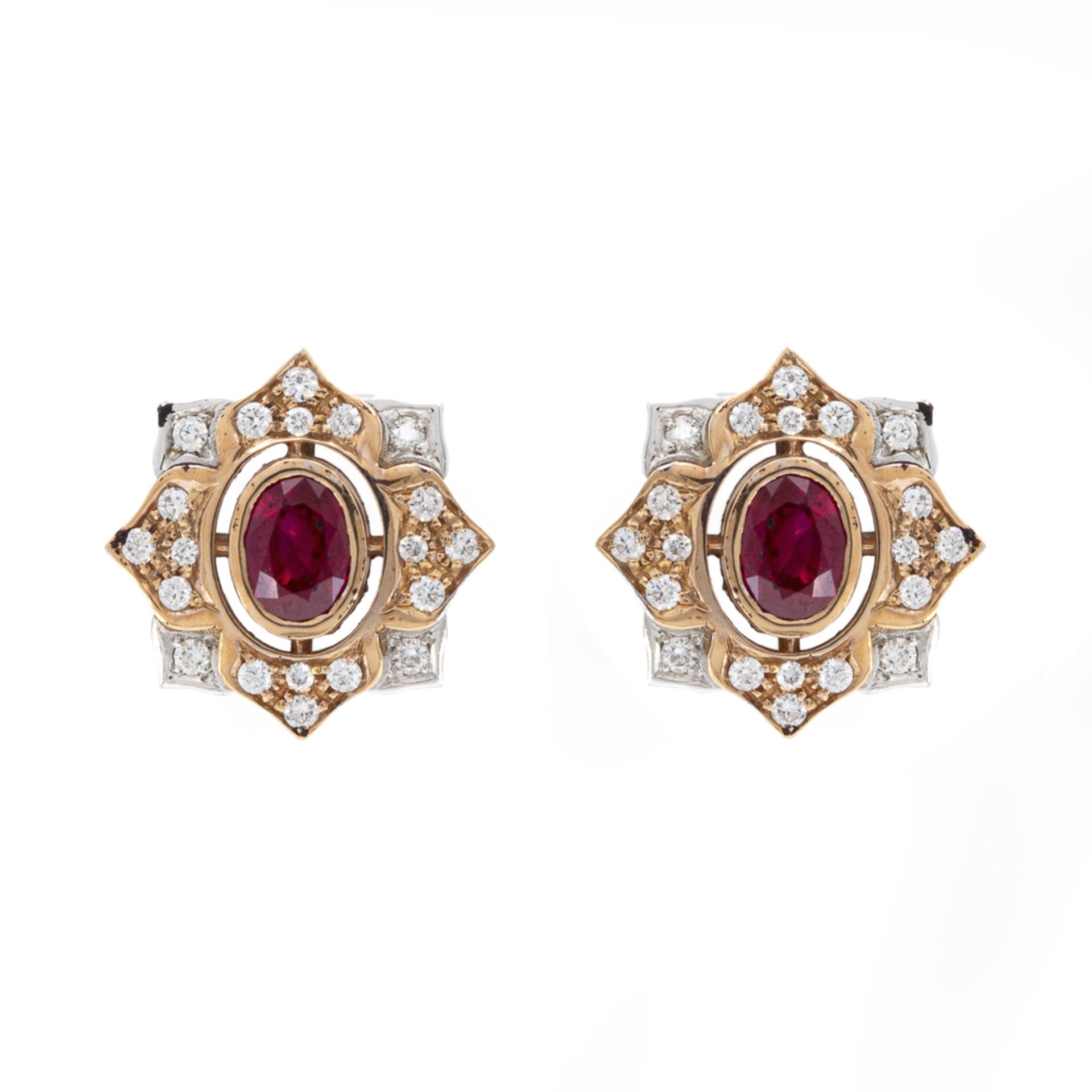 18kt two-color gold lobe earrings with natural Burmese rubies