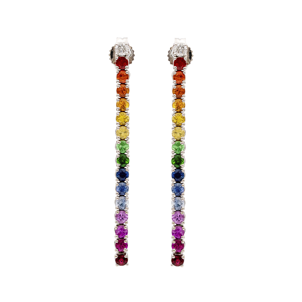 White gold pendant earrings with different colored sapphires and diamonds