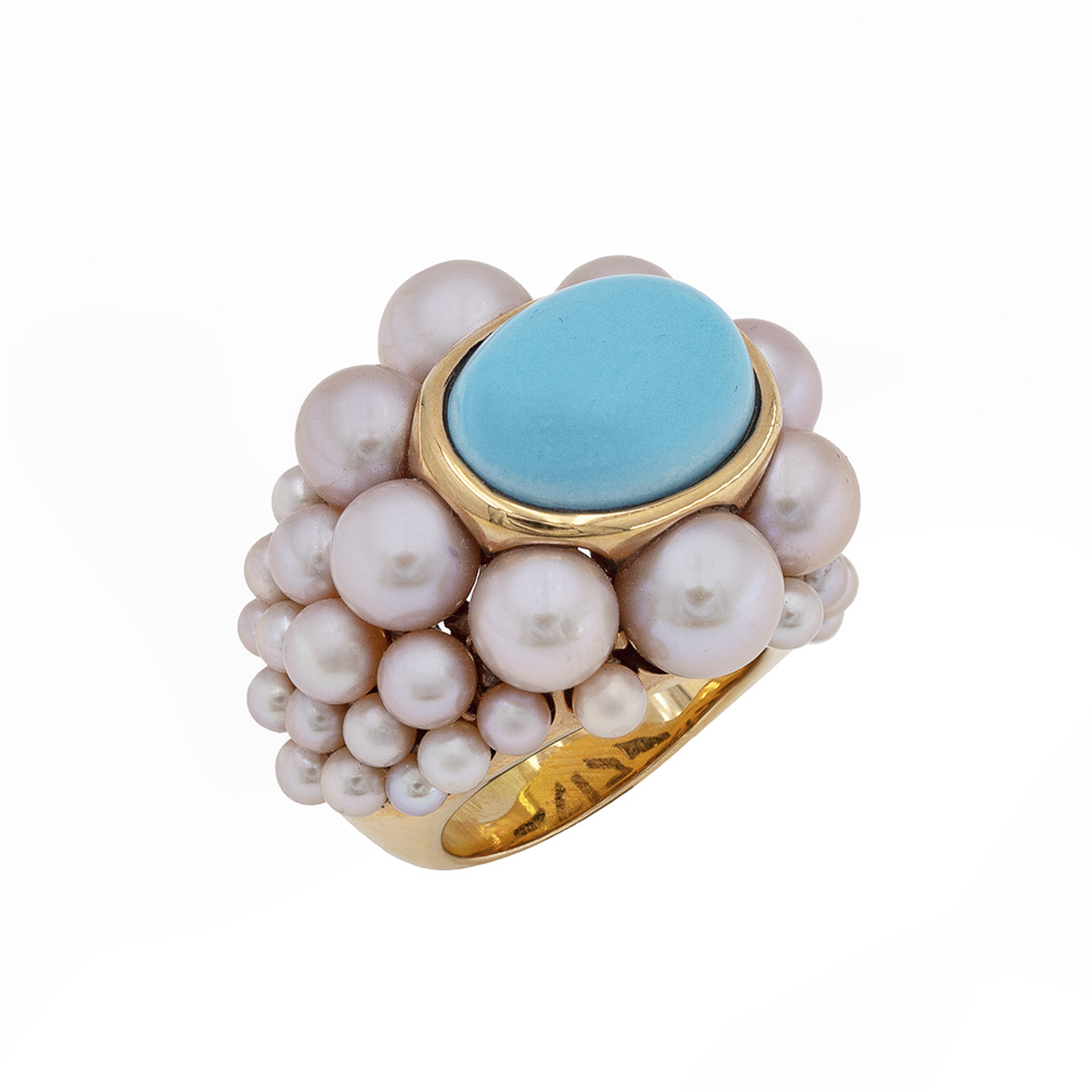 Mimi 18kt yellow gold, turquoise and pink pearls cocktail ring