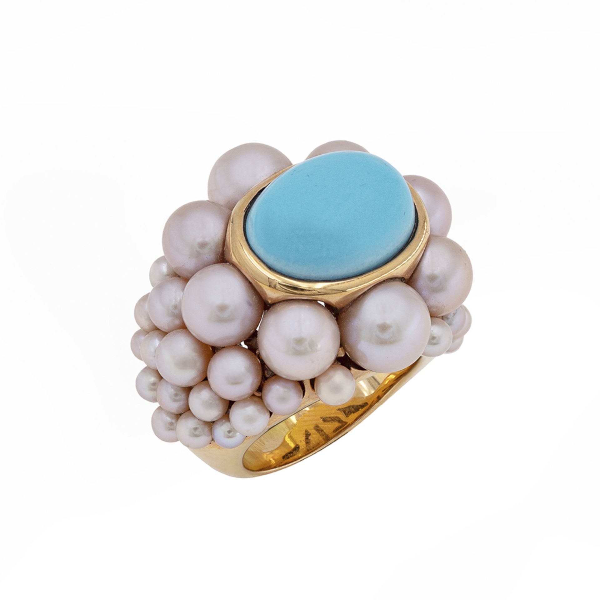 Mimi 18kt yellow gold, turquoise and pink pearls cocktail ring