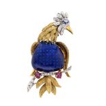 18kt yellow gold, blue enamel and diamonds rooster brooch