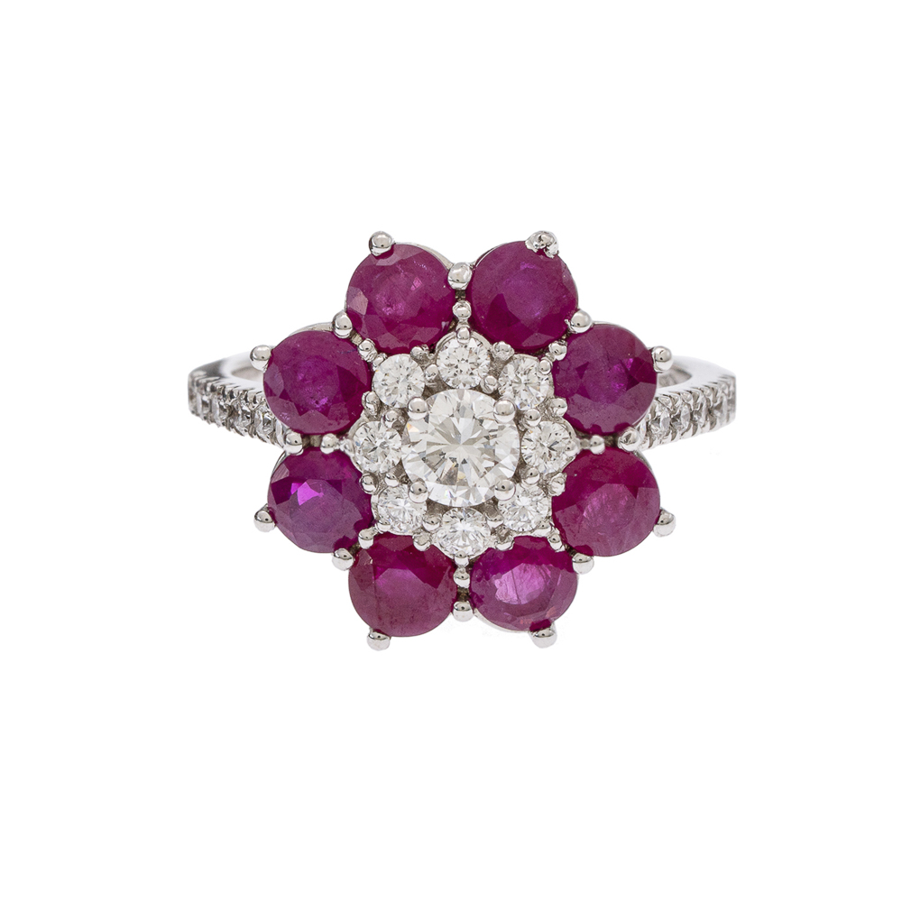 18kt white gold, diamonds and rubies Flower ring - Image 2 of 2
