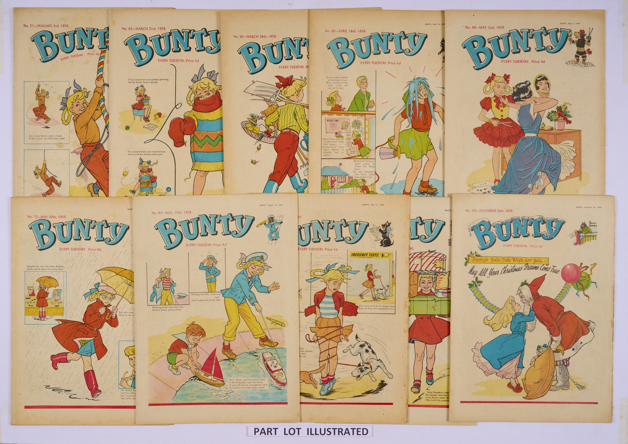 Bunty (1959) 51-102. Near complete year missing No 96. With The Dancing Life of Moira Kent, Waif