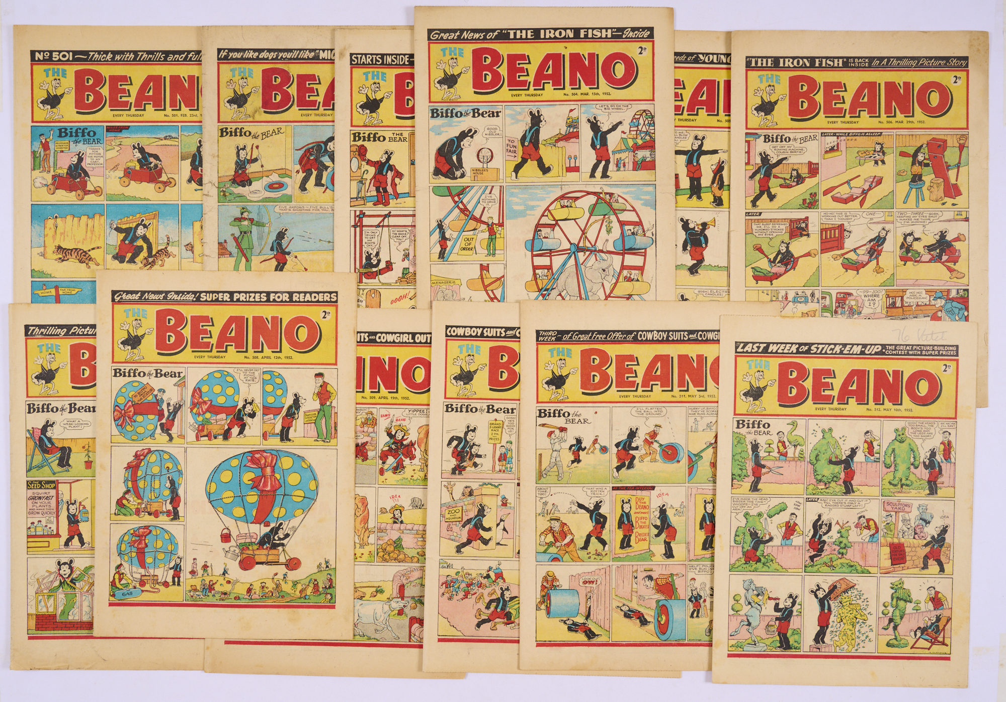 Beano (1952) 501-512 including 508 Easter Number. Nos 502, 509 [gd], 507 [vg-], balance [vg/fn] (