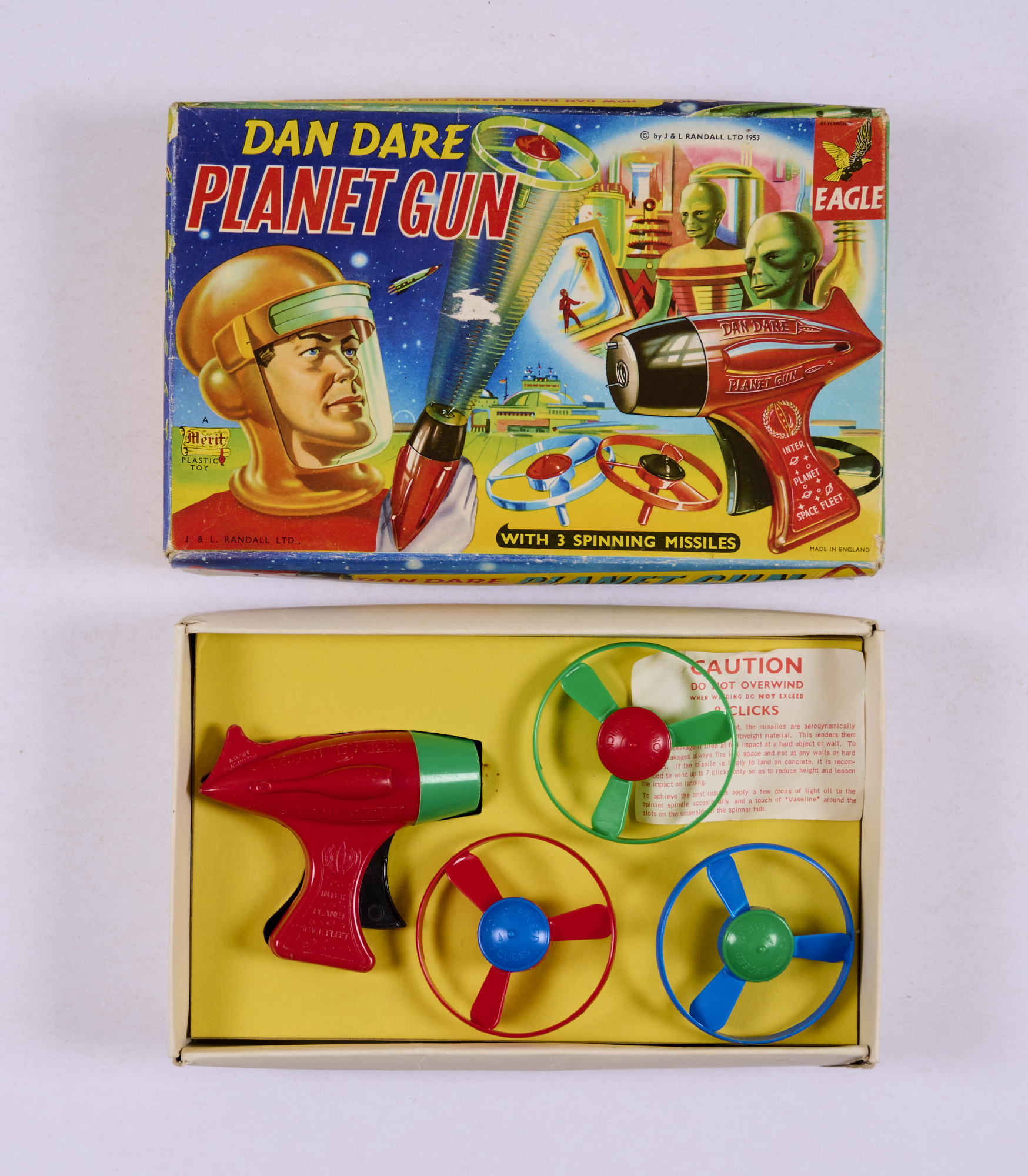 Dan Dare Planet Gun (1953 J & L Randall). Bright box with central price sticker scrape and one split