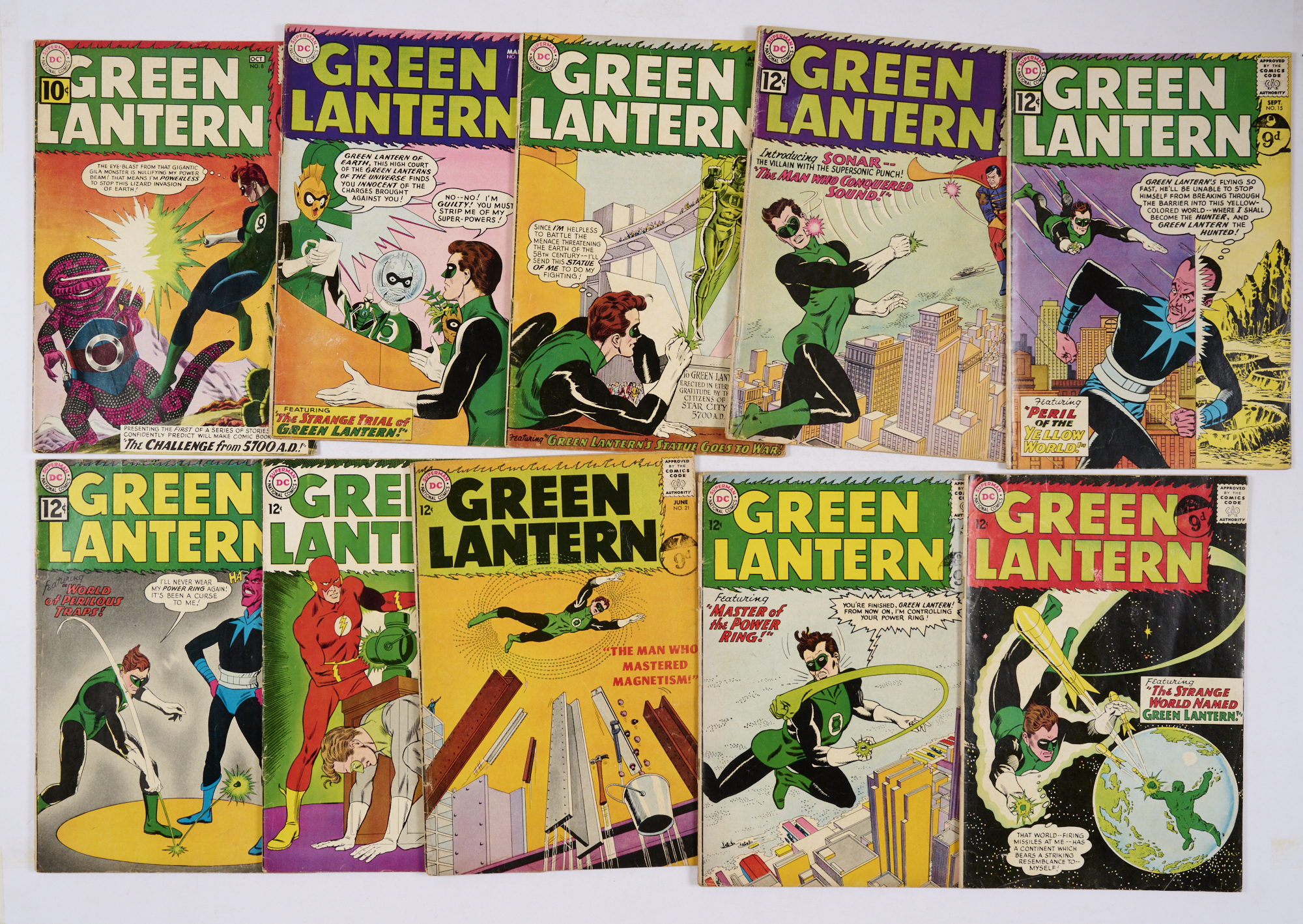 Green Lantern (1961-63) 8, 11, 12, 14, 15, 18, 20-22, 24. # 11: ¾ split spine [gd], 15 [vg], balance