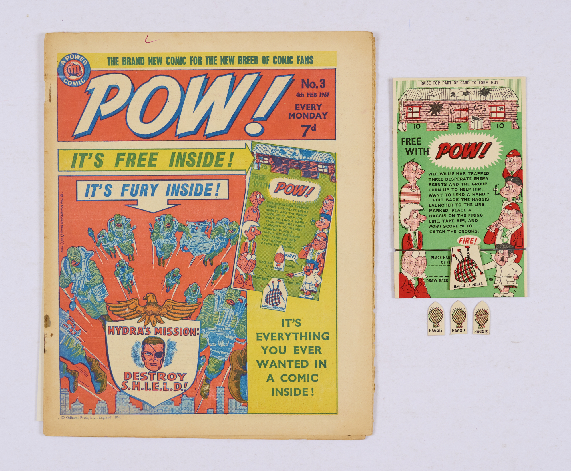 POW! No 3 (1967) wfg Haggis Launcher Game (missing 2 of the 5 Haggis bullets) [as new], comic [vg+]