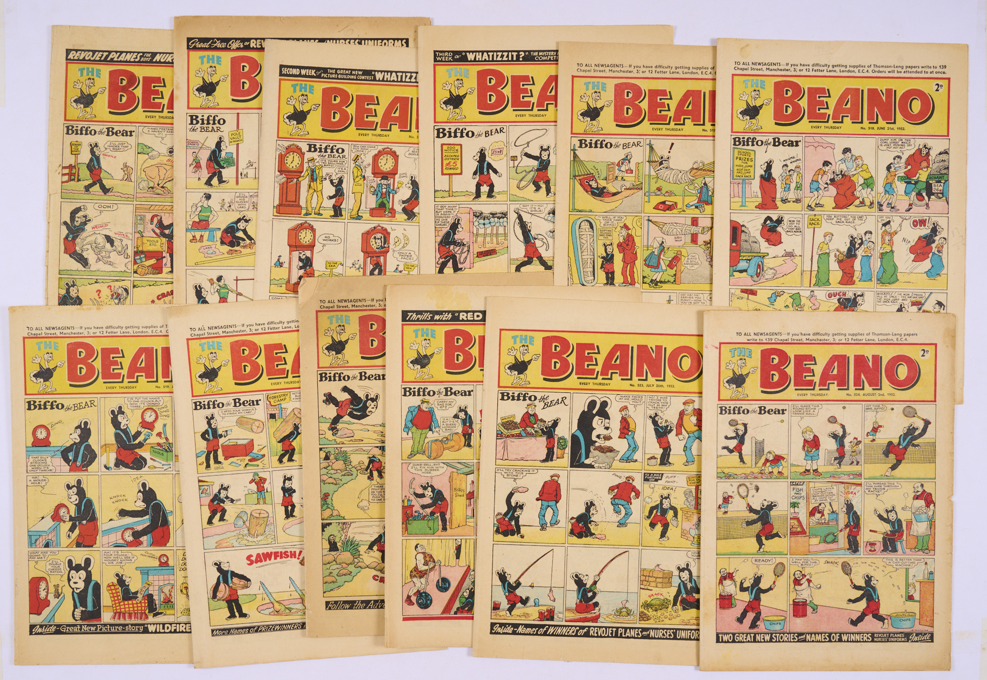 Beano (1952) 513-524. No 513 [gd], 5 issues [fn], balance 6 issues [vg/fn] (12)