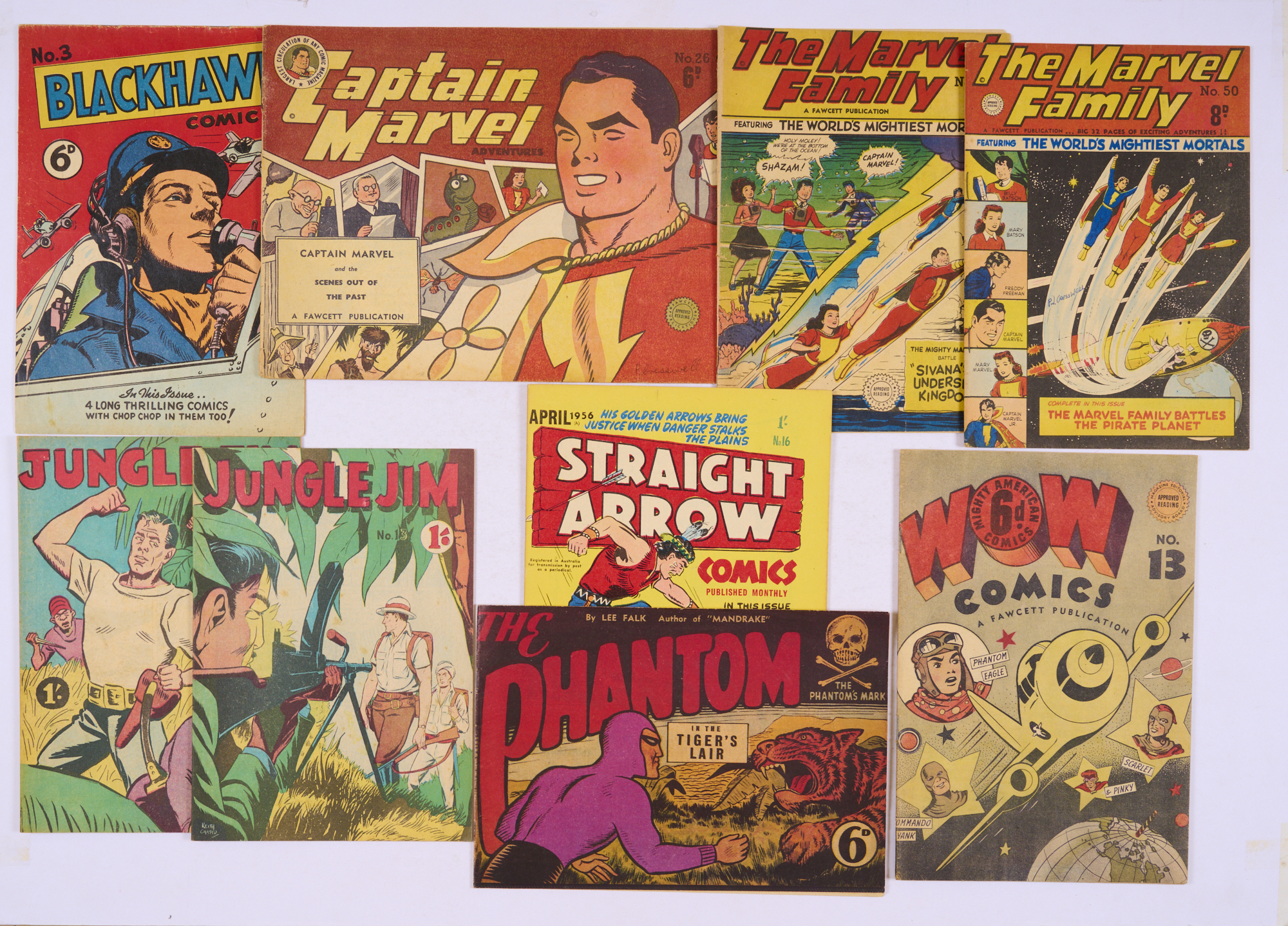 Adventure/Super-Hero Oz Reprints (1950s). Blackhawk 3, Marvel Family 6, 49, 50, Jungle Jim 11, 13,
