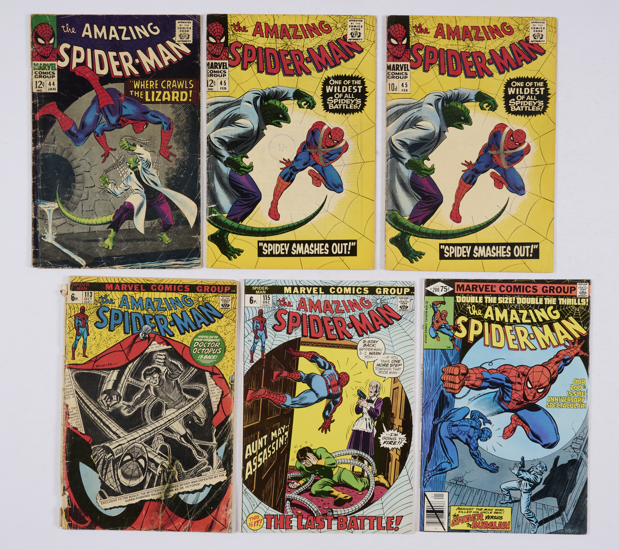 Amazing Spider-Man (1967-80) 44 [gd-vg], 45 (x 2) [vg-/vg+], 113 [gd], 115 [fn+], 200 [fn-vfn] (