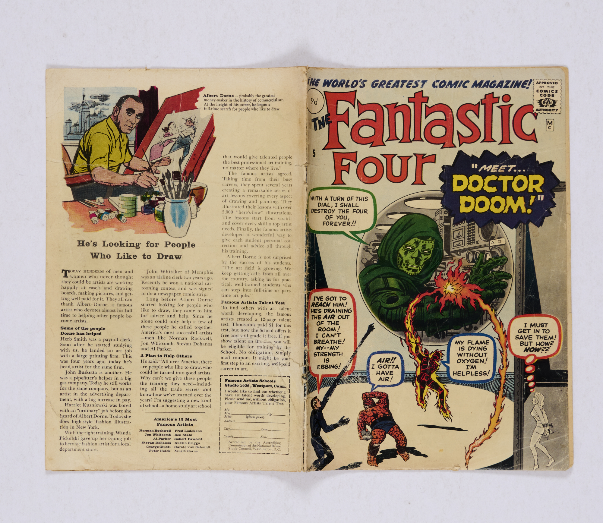 Fantastic Four 5 (1962) Full page ad for Hulk # 1. Cover re-attached to clear-taped interior spine - Image 2 of 7