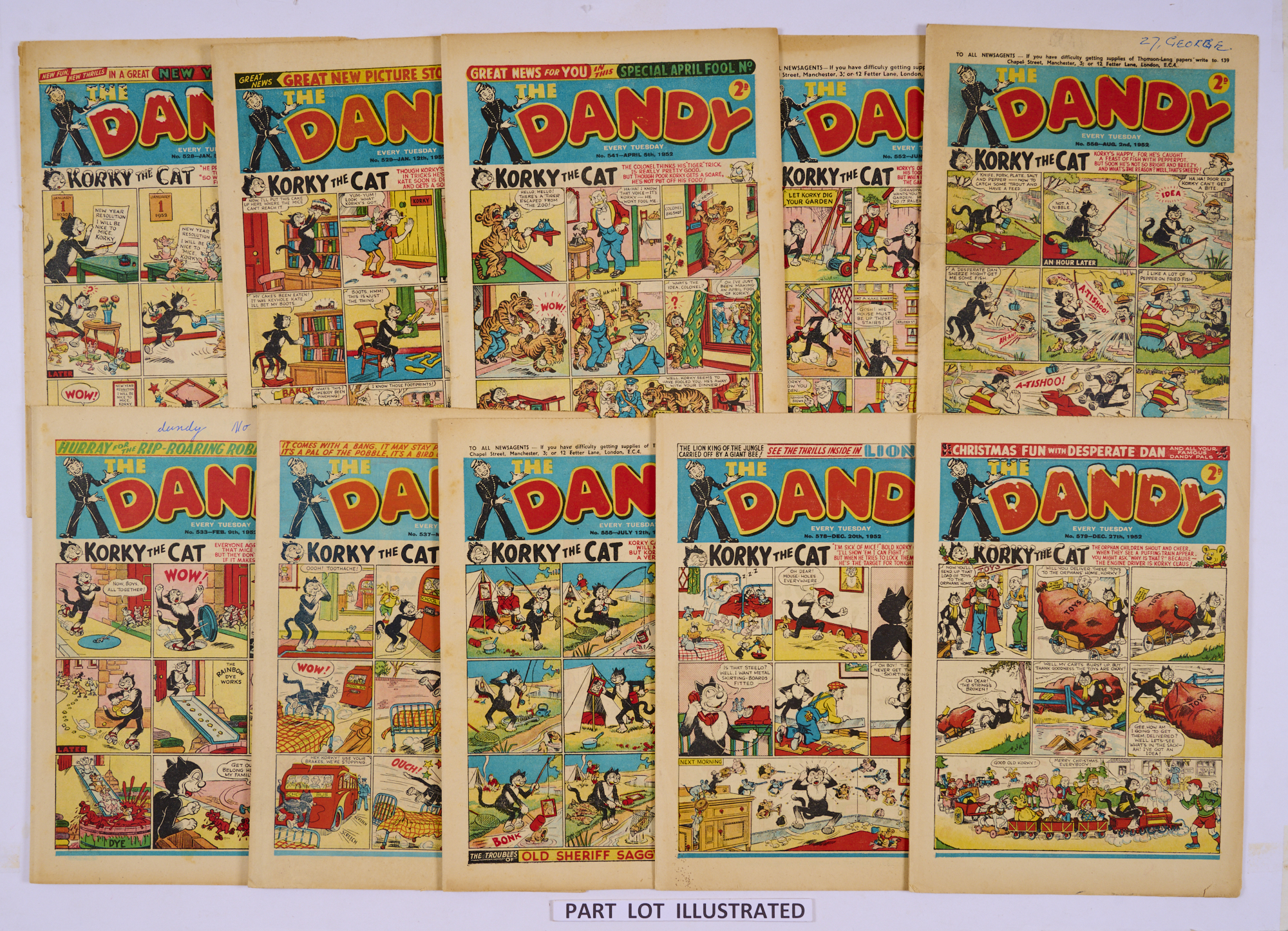 Dandy (1952) 528-579. Near complete year, missing No 572 Fireworks issue. No 529 Keyhole Kate rare