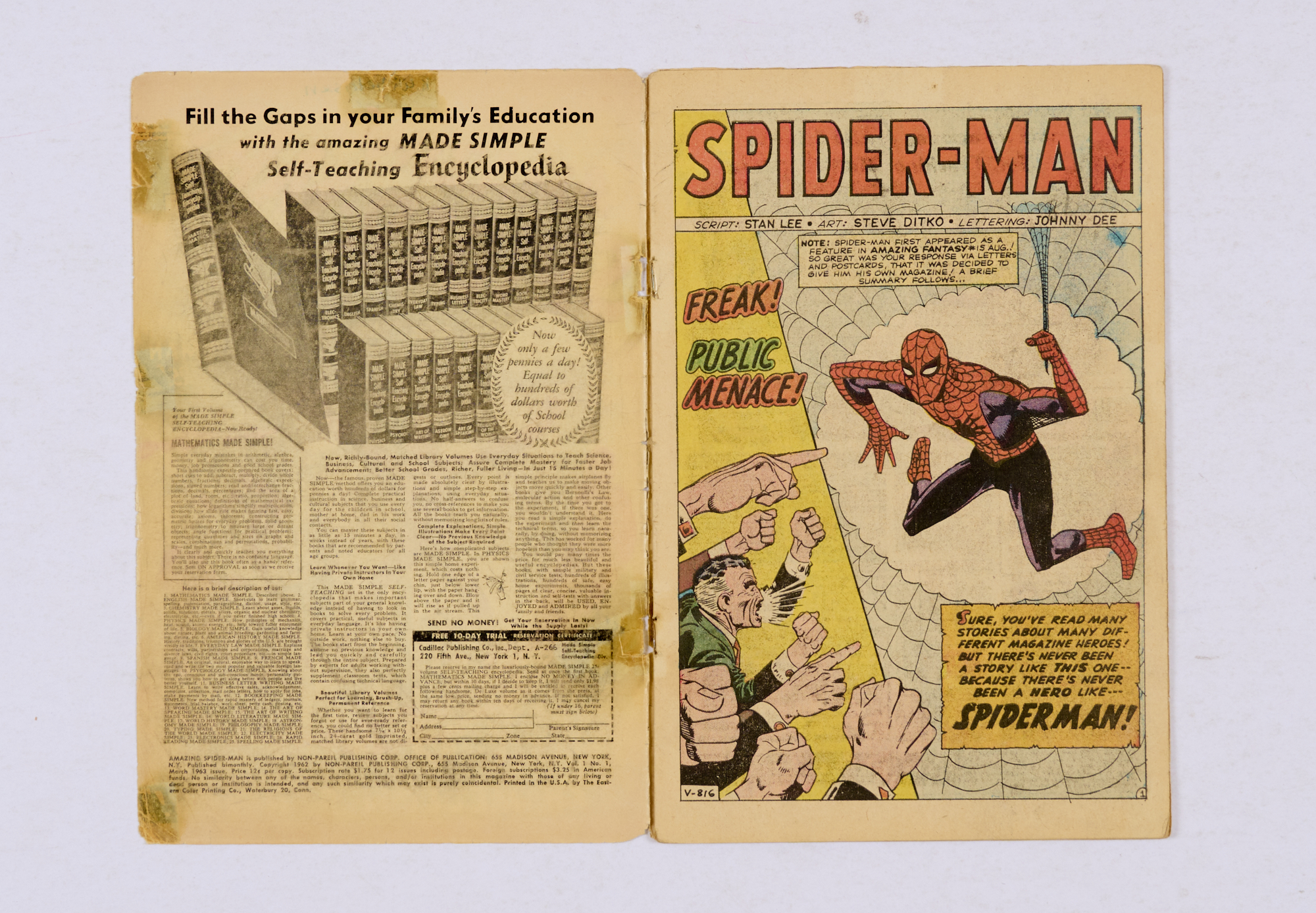 Amazing Spider-Man 1 (1963) Cents copy. Detached cover with worn spine & biro arrival date and owner - Image 4 of 7