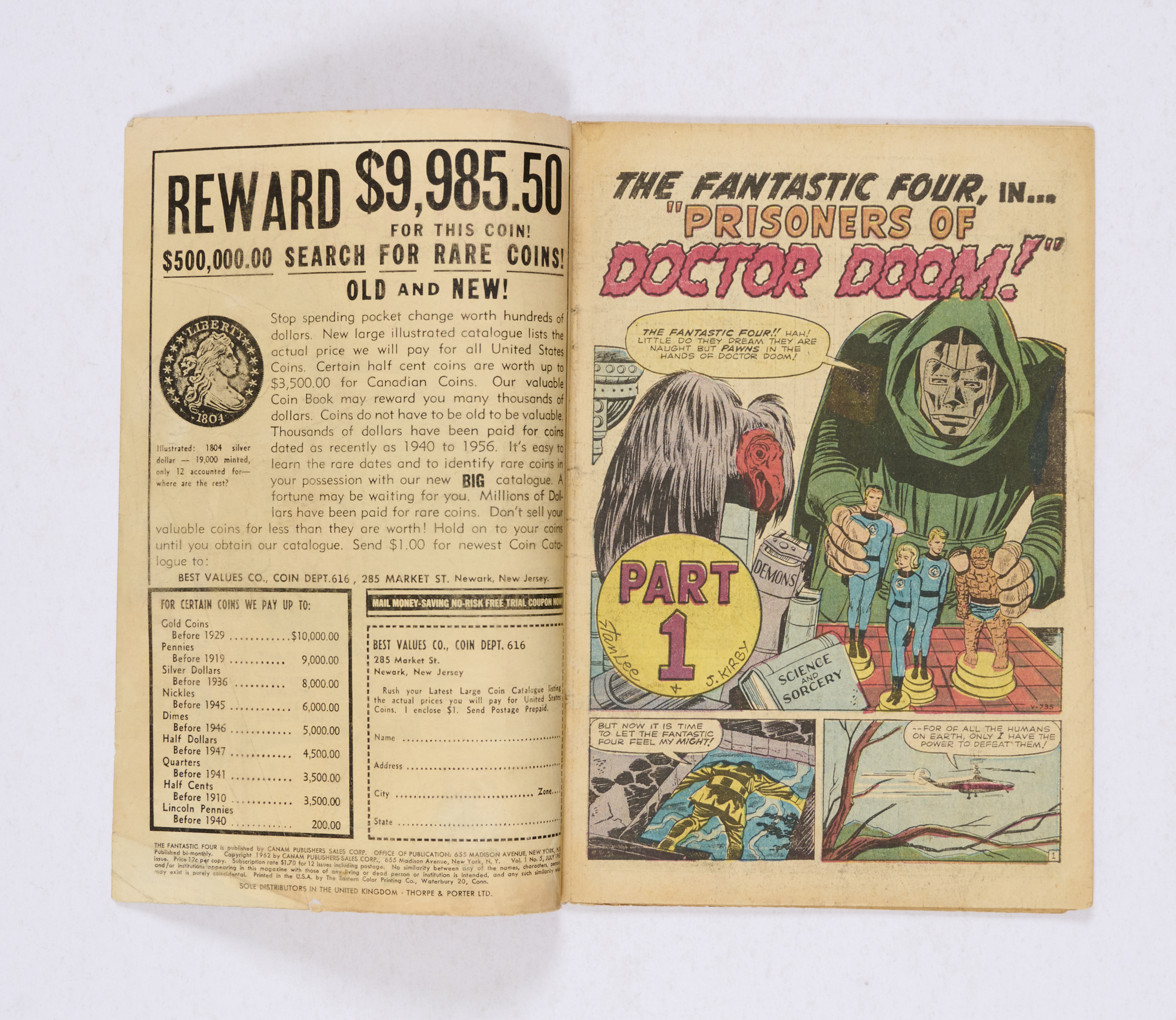 Fantastic Four 5 (1962) Full page ad for Hulk # 1. Cover re-attached to clear-taped interior spine - Image 3 of 7