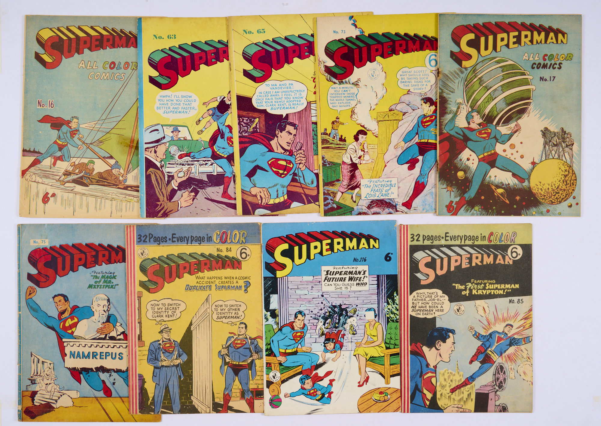 Superman Australian reprints (1948-50s Colour Comics/K.G. Murray) 16, 17, 63, 65, 73, 75, 84, 85,