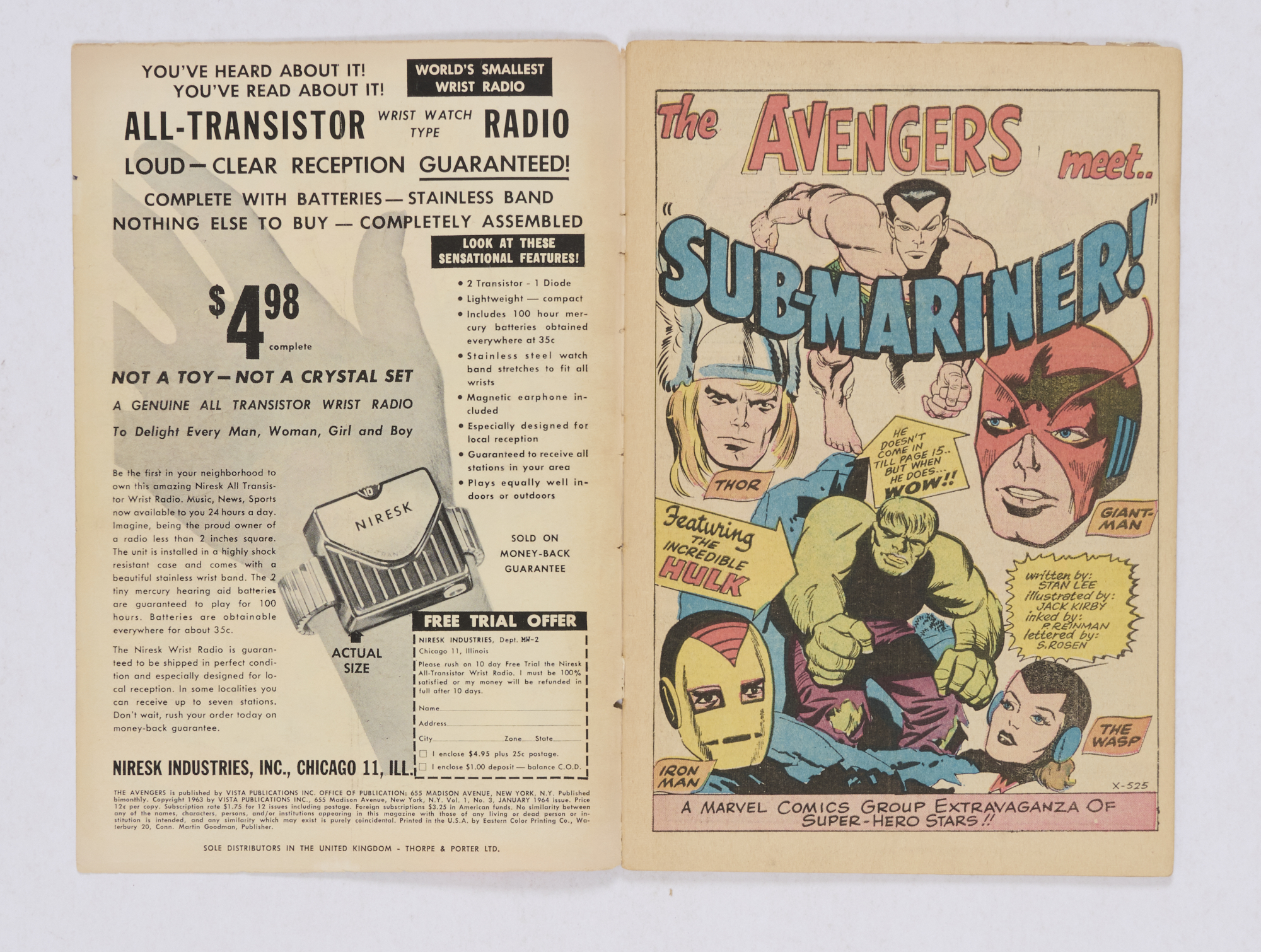 Avengers 3 (1964). Well-worn spine, light ink 'JAN' to issue number box, white-paint residue to - Image 3 of 6