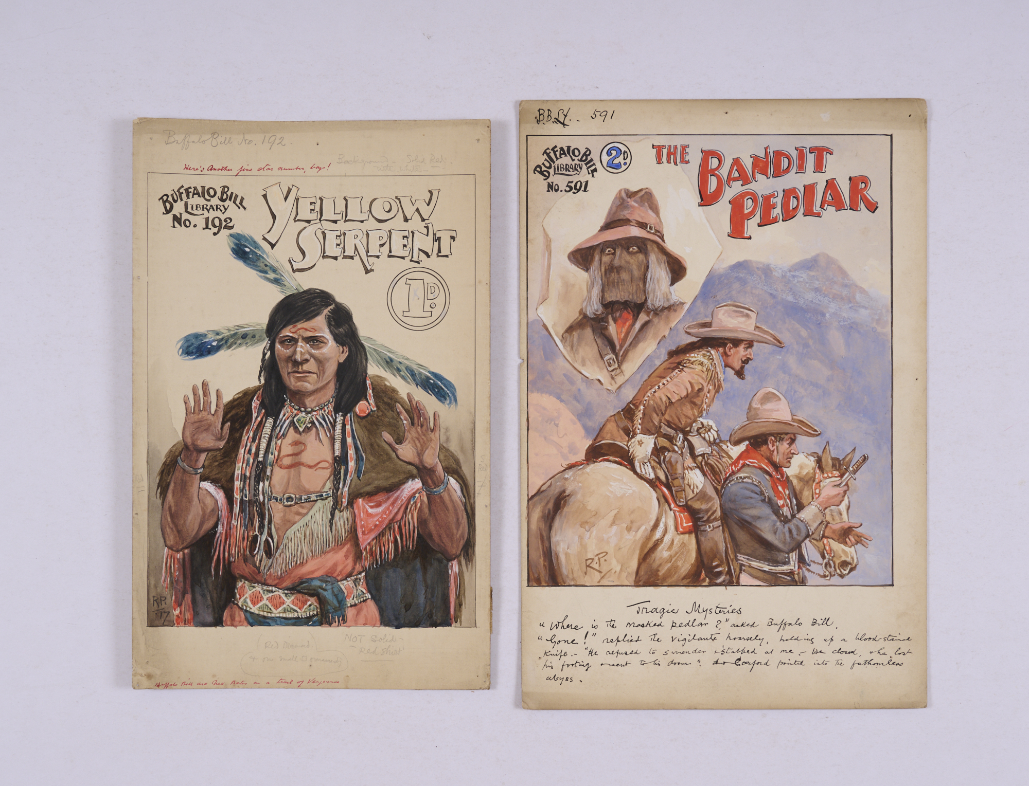 Buffalo Bill: two original front cover artworks (1917, 1920s) initialled 'RP' (Robert Prowse) from