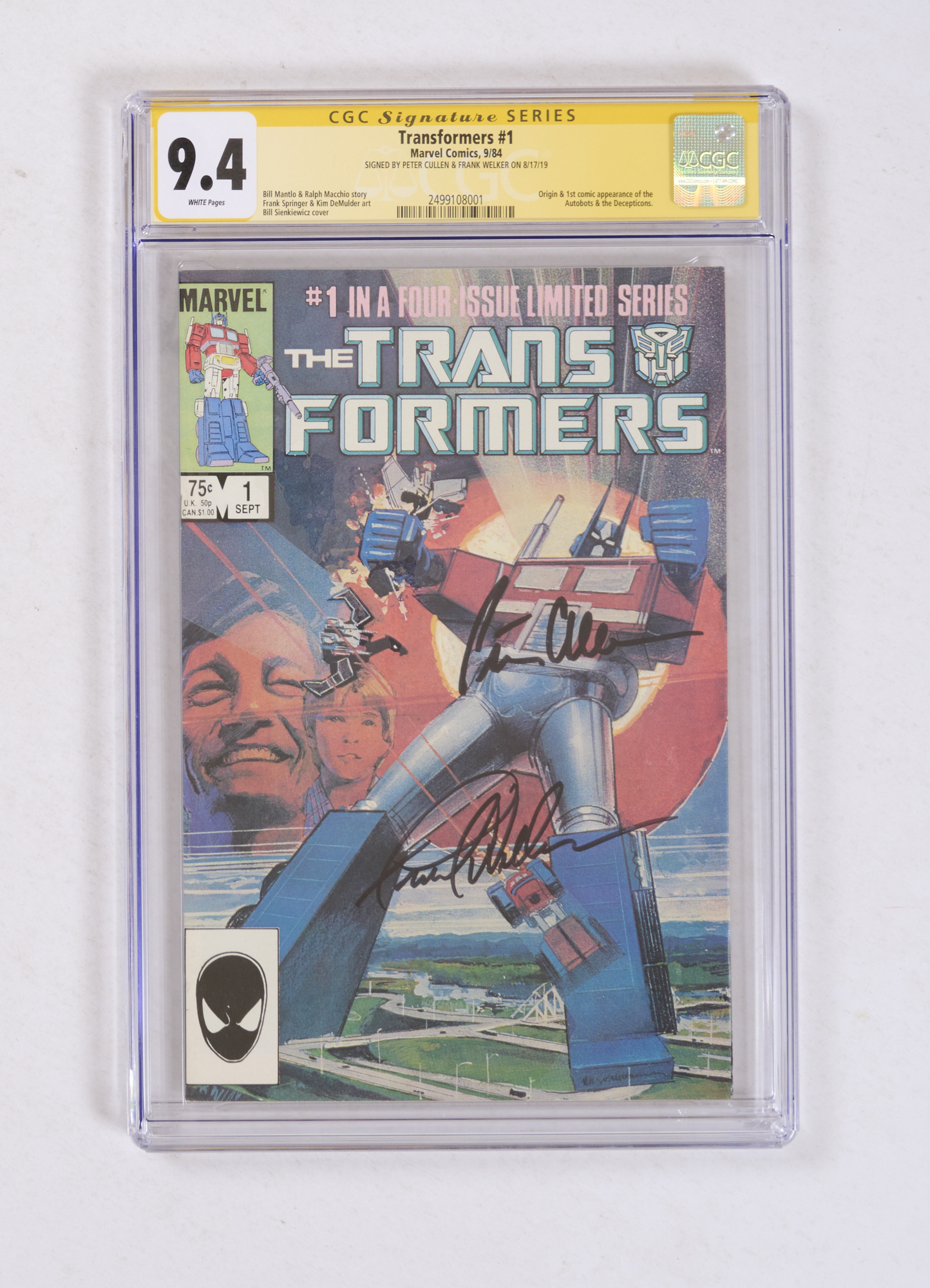 Transformers 1 (1984) signed by Peter Gillen and Frank Welker. CGC Signature Series 9.4. White