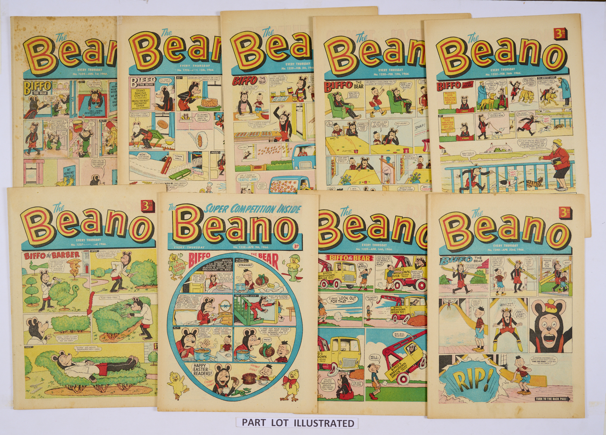 Beano (Jan 1 - April 30 1966) 1224-1241. No 1224 with foxing spots to cover [vg], a few [vg+],