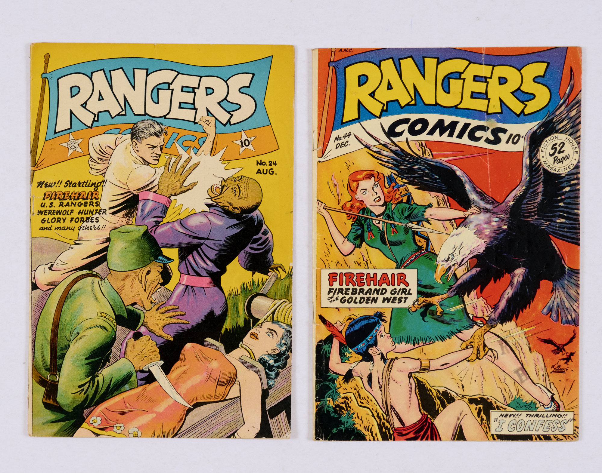 Rangers Comics (Fiction House 1945-48) 24, 44. # 24: 1.5 ins lower spine split [vg-], 44 [vg-] (