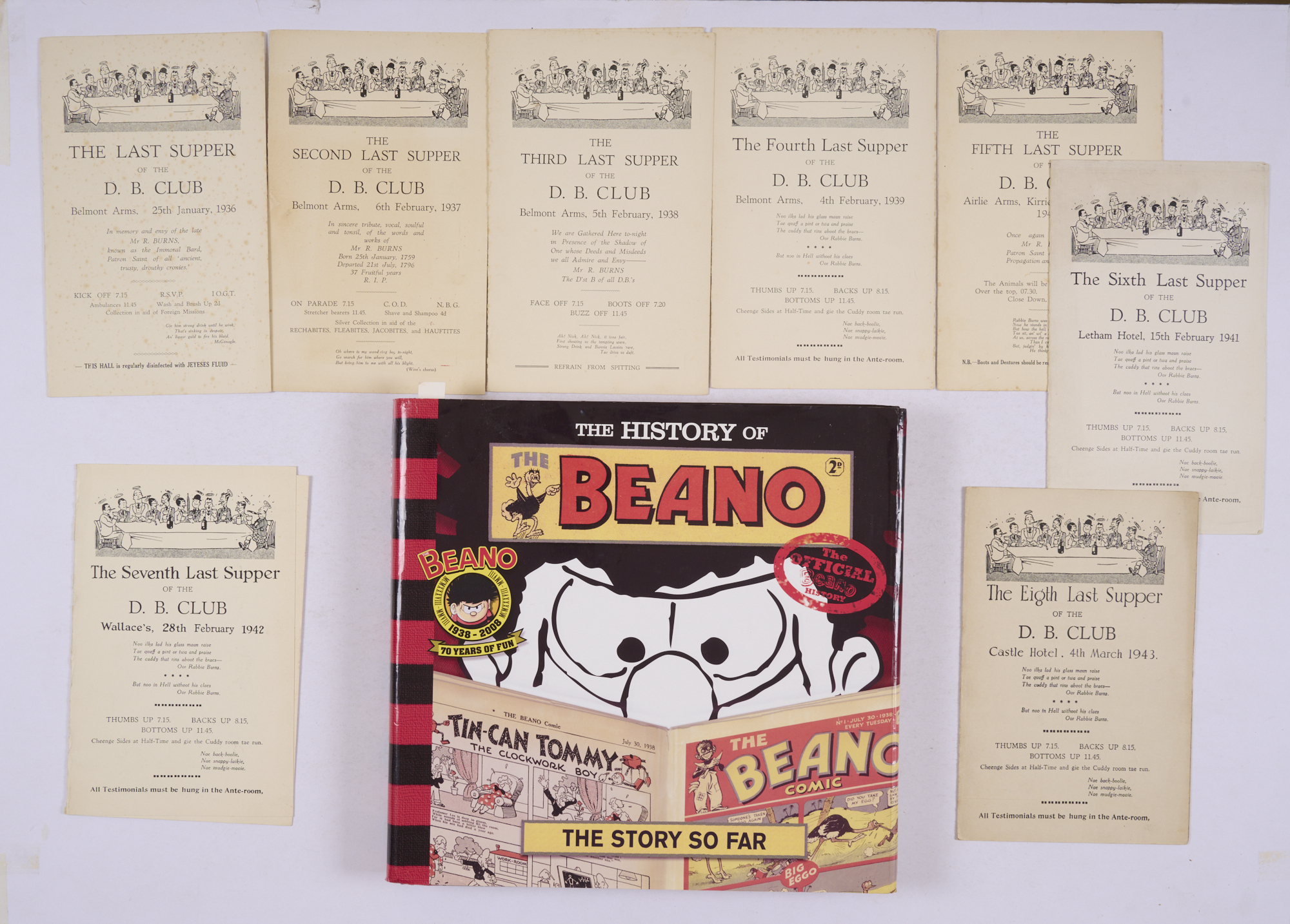 D C Thomson Dandy and Beano Club Burns Night Menus (1936-43) 1-8. All illustrated by Dudley Watkins.