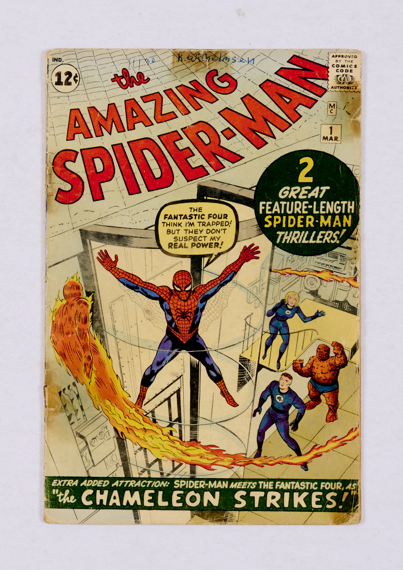 Amazing Spider-Man 1 (1963) Cents copy. Detached cover with worn spine & biro arrival date and owner