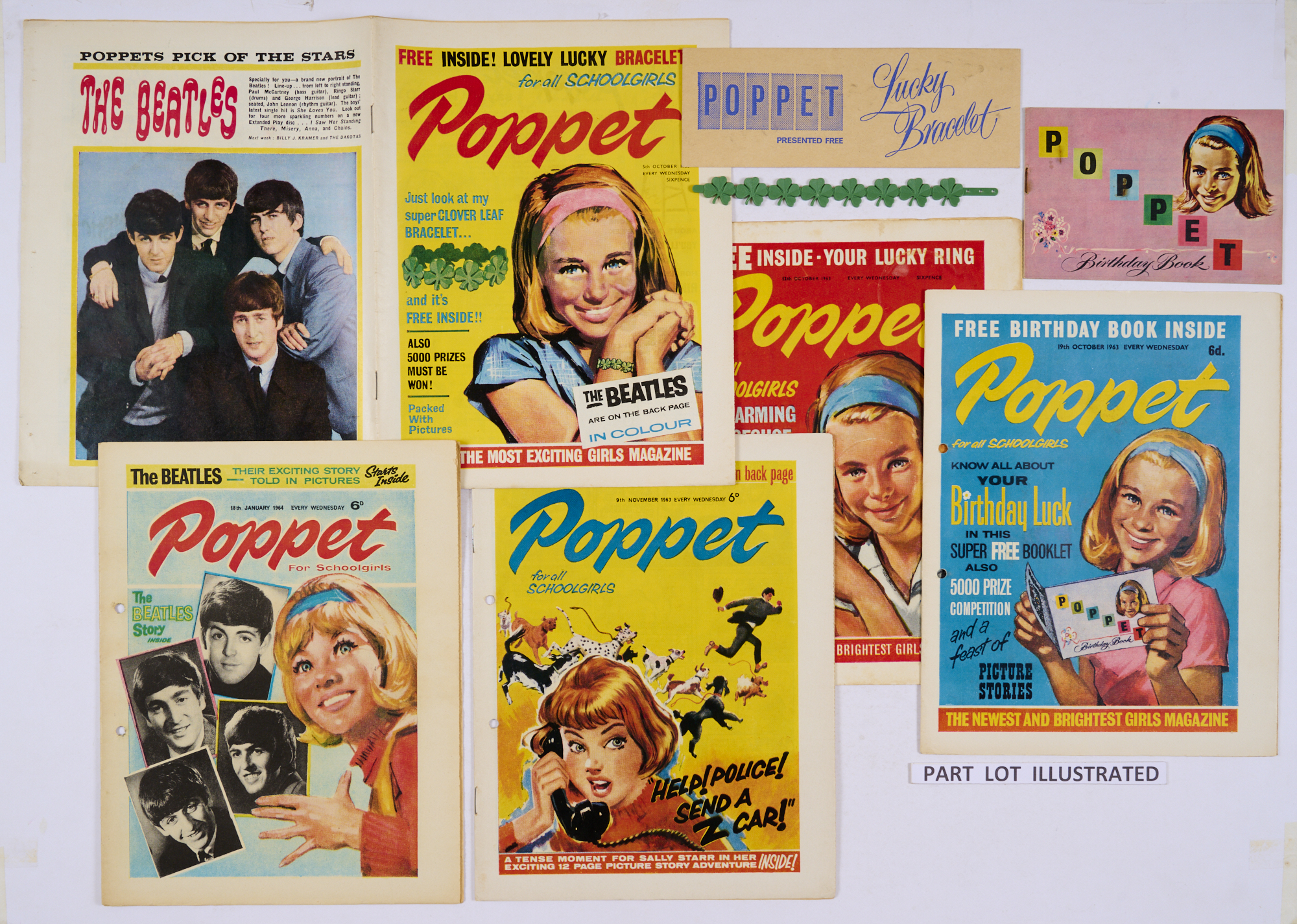 Poppet (1963-64, Fleetway) 1-41. No 1 wfg Lucky Clover Leaf Bracelet, No 3 wfg Birthday Book. With