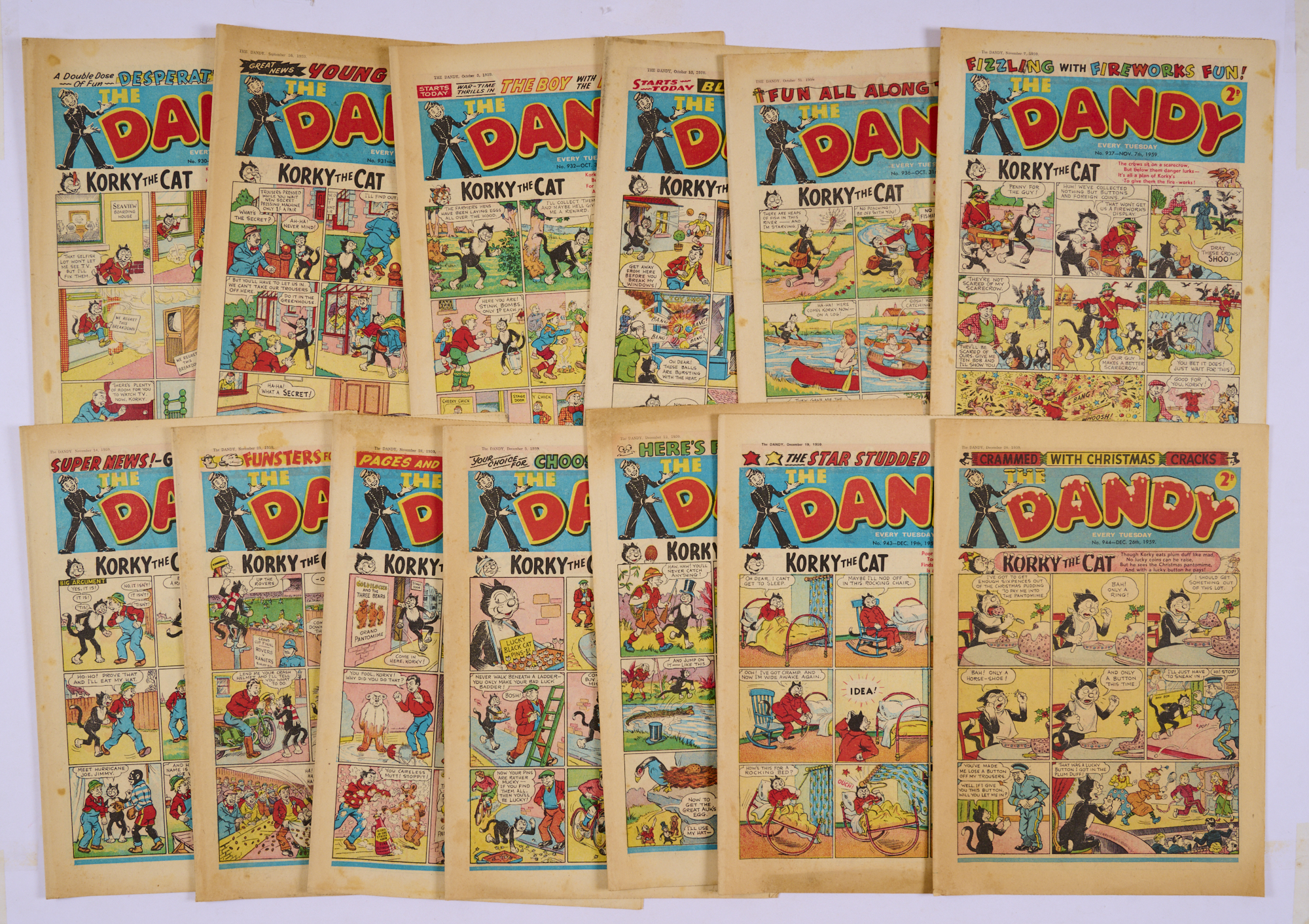 Dandy (1959) 930-933, 936-944 including Fireworks and Xmas issues. Fireworks [fn-], Xmas [vg],