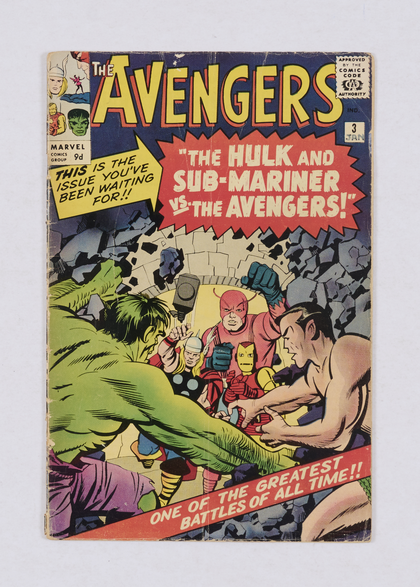 Avengers 3 (1964). Well-worn spine, light ink 'JAN' to issue number box, white-paint residue to