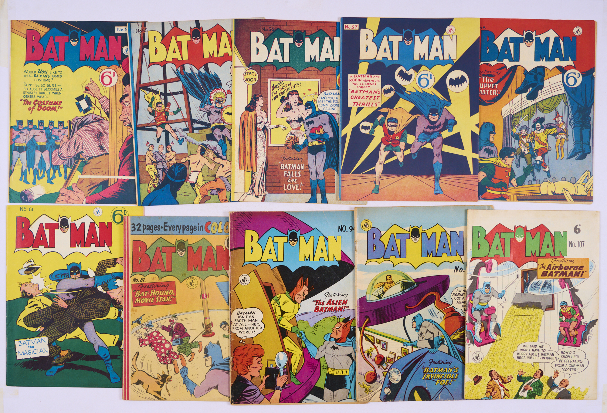 Batman Australian reprints (1950 Series, K.G. Murray) 54-58, 61, 81, 94, 100, 107. No 81 with full